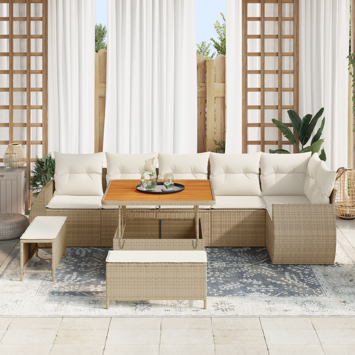 Set divano giardino 9 pezzi con cuscini in rattan poliestere beige e acacia