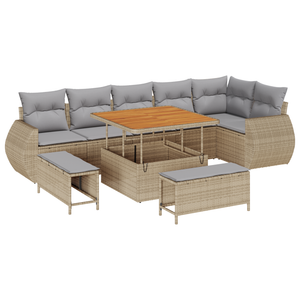 Set Divano Giardino 9 Pezzi Cuscini Beige Polyrattan Acacia
