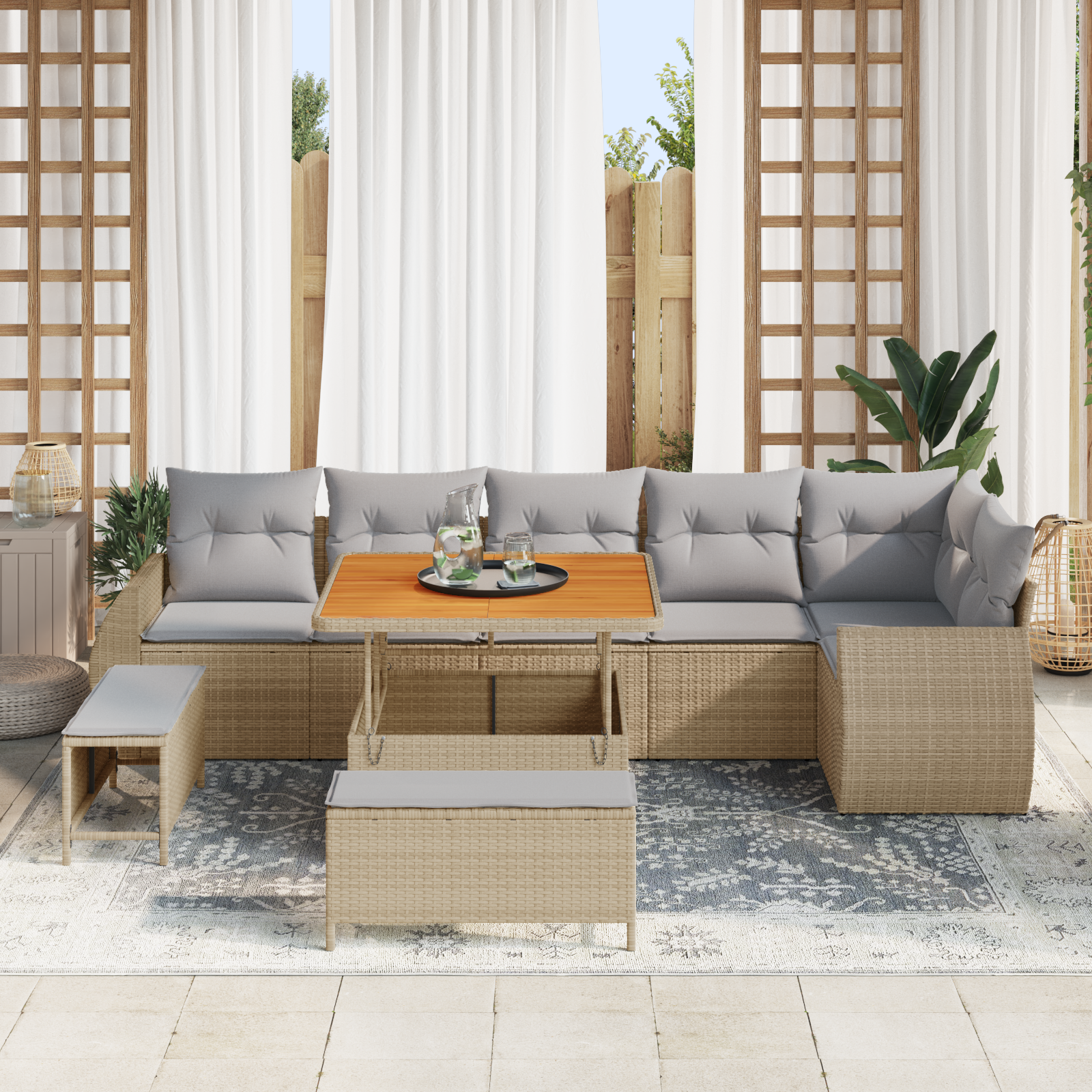 Set Divano Giardino 9 Pezzi Cuscini Beige Polyrattan Acacia