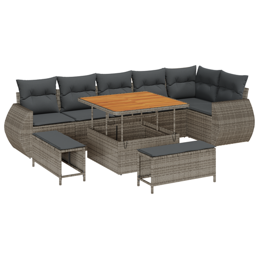 Set di Sofà da Giardino  9 Pezzi con Cuscini Grigio Polyrattan Acacia