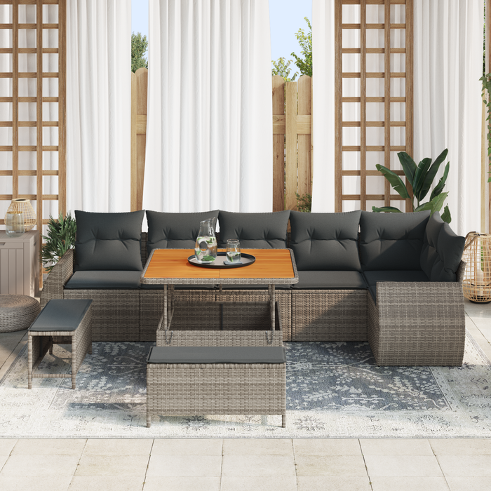Set di Sofà da Giardino  9 Pezzi con Cuscini Grigio Polyrattan Acacia