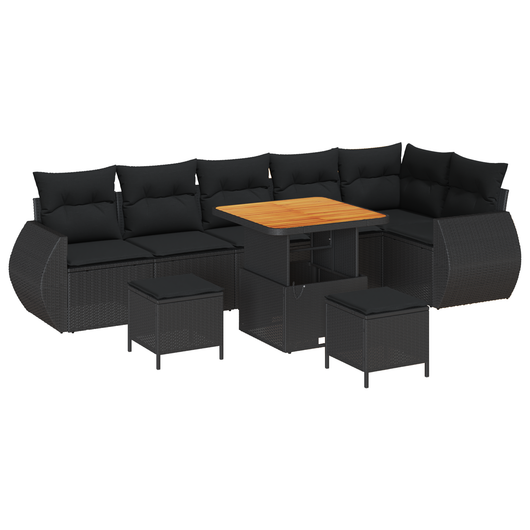 Set Divano da Giardino 9 Pezzi con Cuscini Rattan Polirattan Nero Acacia