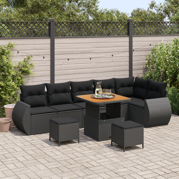 Set Divano da Giardino 9 Pezzi con Cuscini Rattan Polirattan Nero Acacia