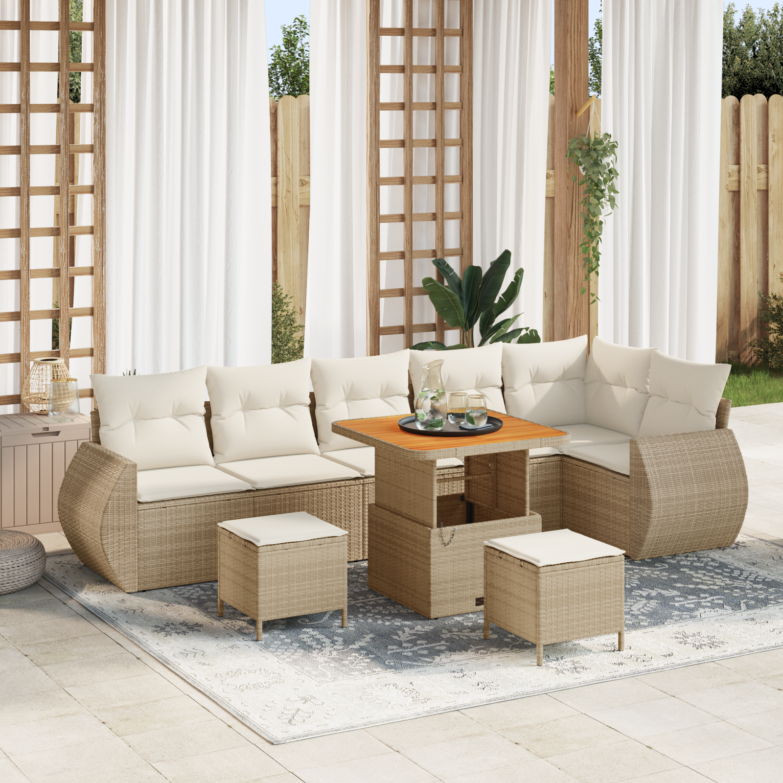 Set divano da giardino  da 9 pezzi con cuscini beige in rattan sintetico e acacia