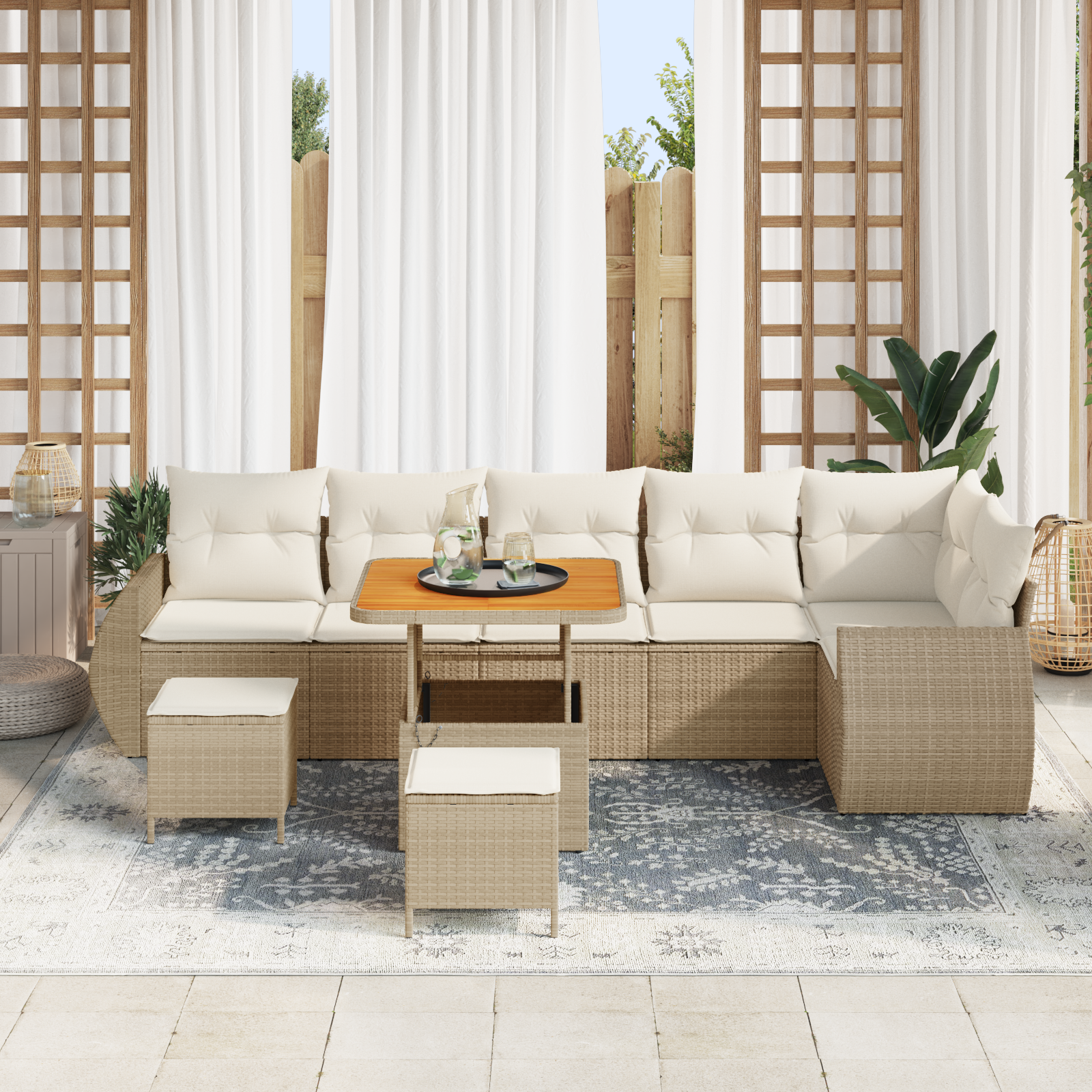 Set divano da giardino  da 9 pezzi con cuscini beige in rattan sintetico e acacia