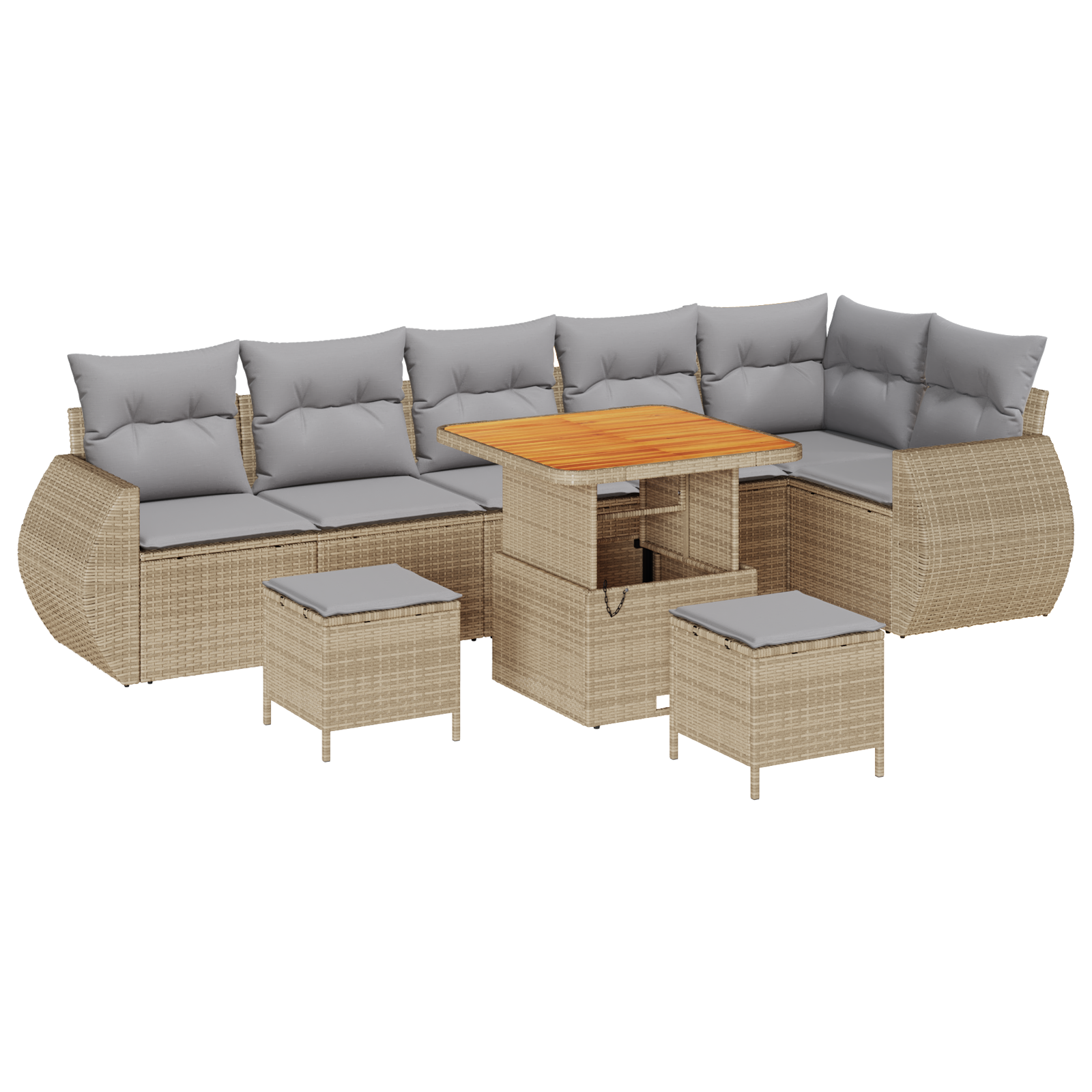 Set di divani da giardino 9 pezzi con cuscini beige in rattan polietilene e acacia