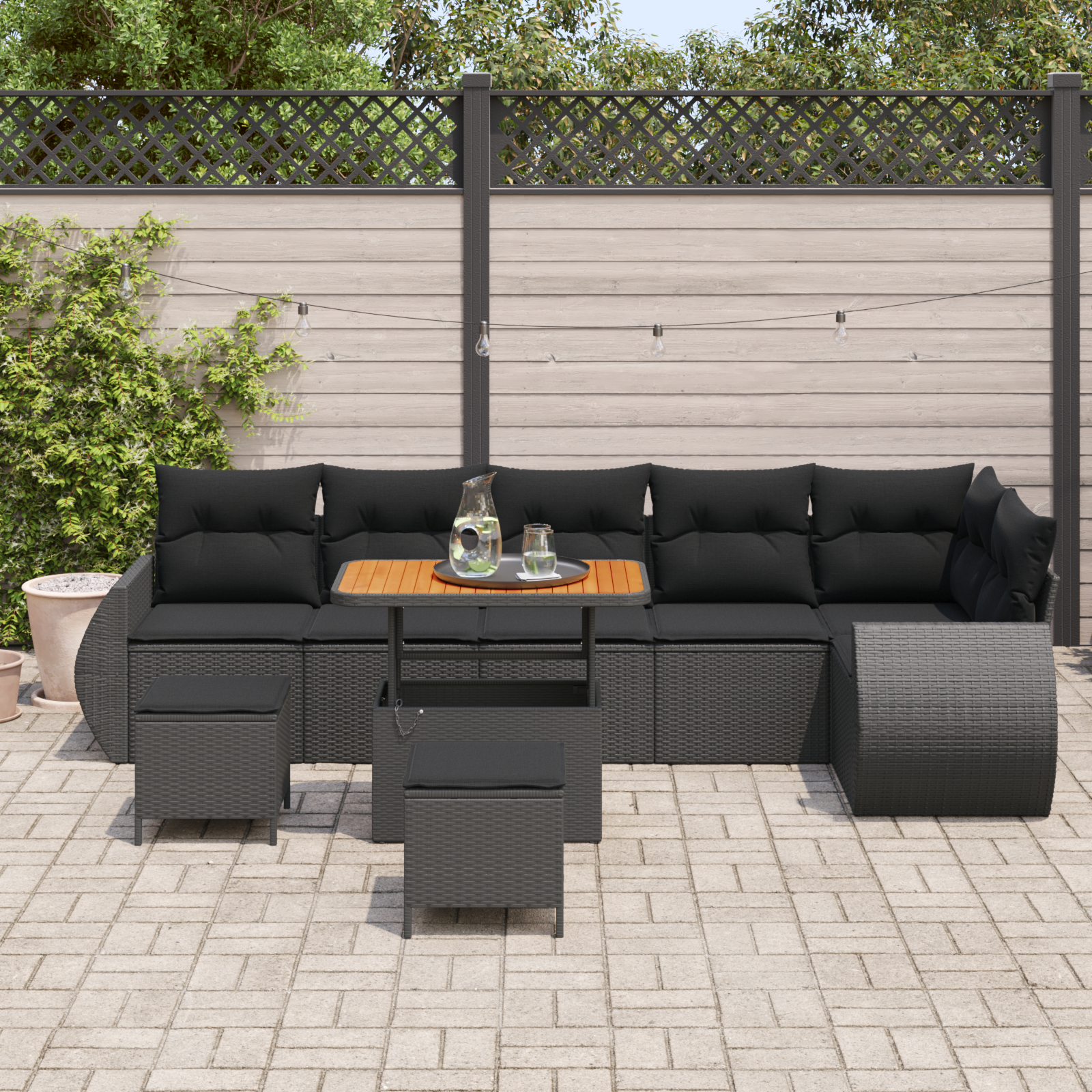 Set Divano da Giardino 9 Pezzi con Cuscini Nero Polyrattan Acacia