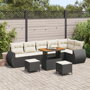 Set di divani da giardino 9 pezzi con cuscini neri in polyrattan di acacia