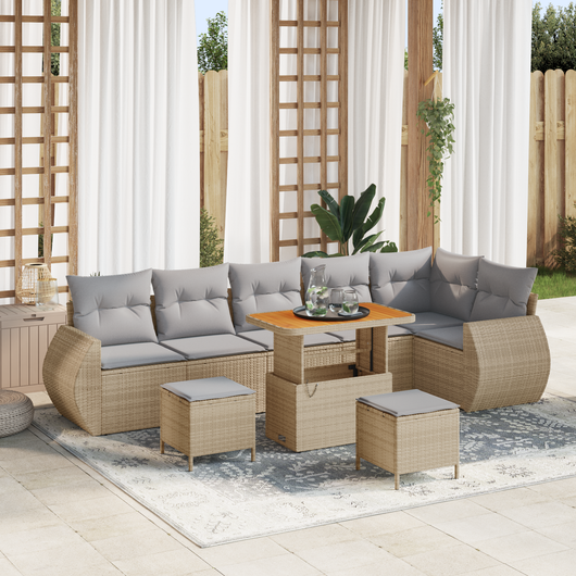Set Divani Giardino 9 Pezzi con Cuscini Beige Pol Rattan Acacia