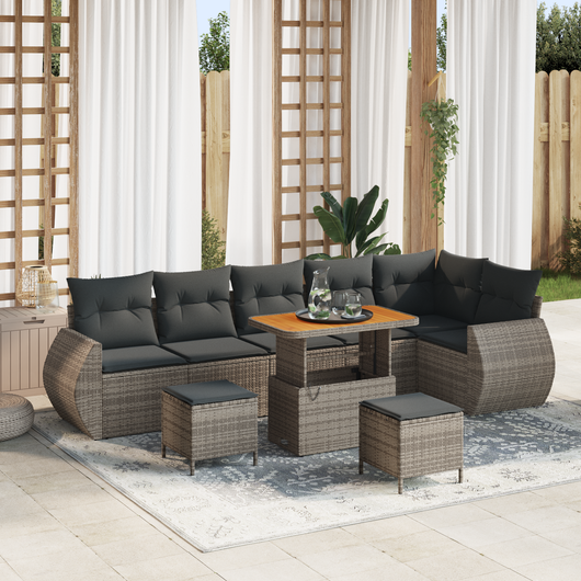 Set Divano da Giardino 9 Pezzi con Cuscini Grigi Polyrattan Acacia