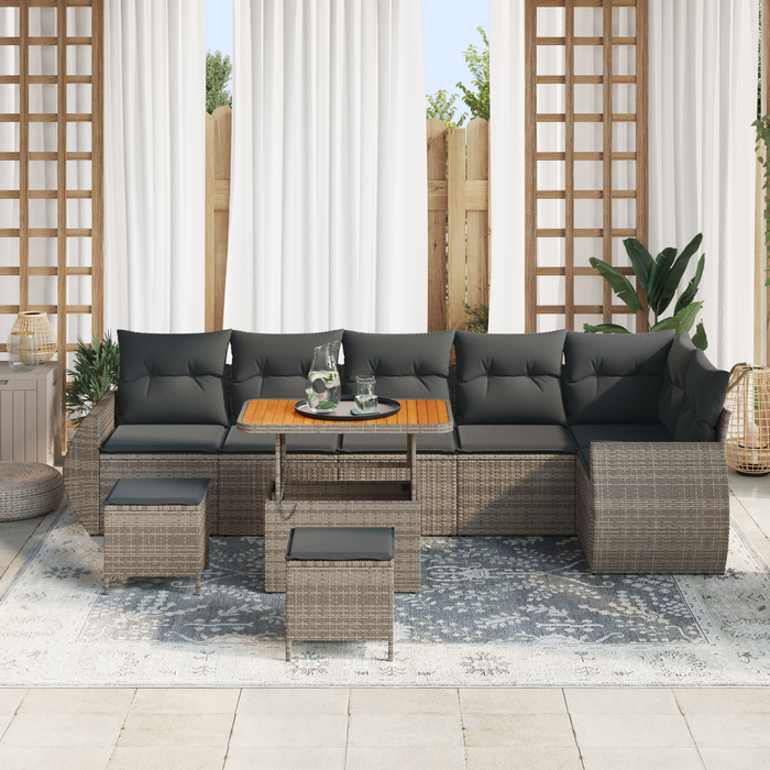 Set Divano da Giardino 9 Pezzi con Cuscini Grigi Polyrattan Acacia