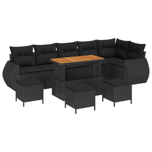 Set Divano Giardino 10 Pezzi con Cuscini Nero Polyrattan Acacia