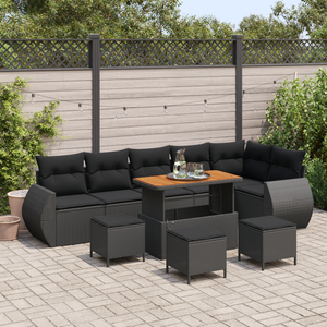 Set Divano Giardino 10 Pezzi con Cuscini Nero Polyrattan Acacia