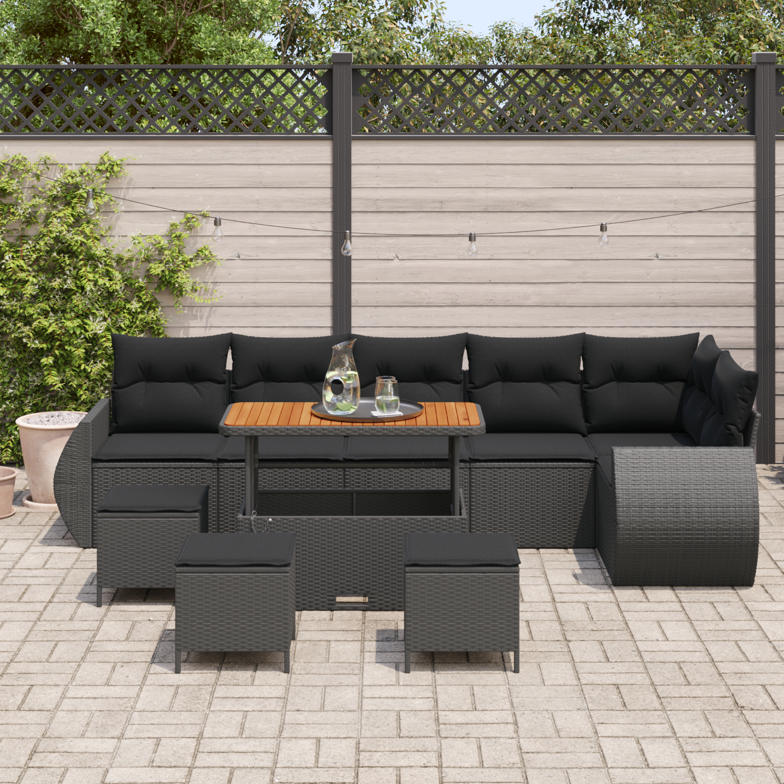 Set Divano Giardino 10 Pezzi con Cuscini Nero Polyrattan Acacia