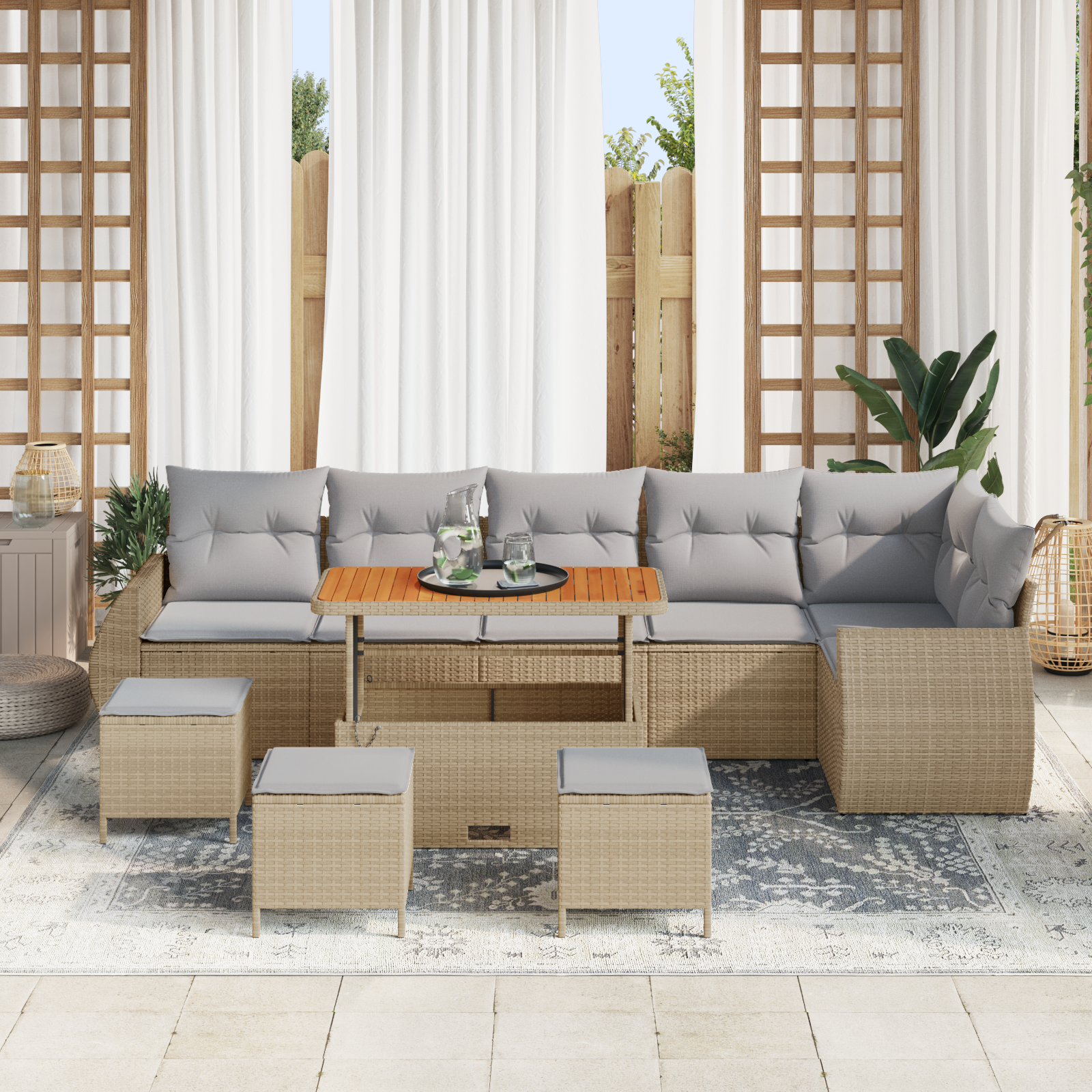 Set di Divani da Giardino con Cuscini da 10 Pezzi Beige Rattan Polipropilene Acacia