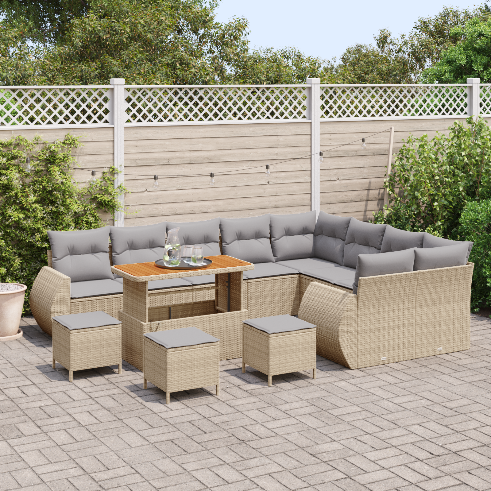 Set di divani da giardino 13 pezzi con cuscini Beige Rattan poliestere Acacia