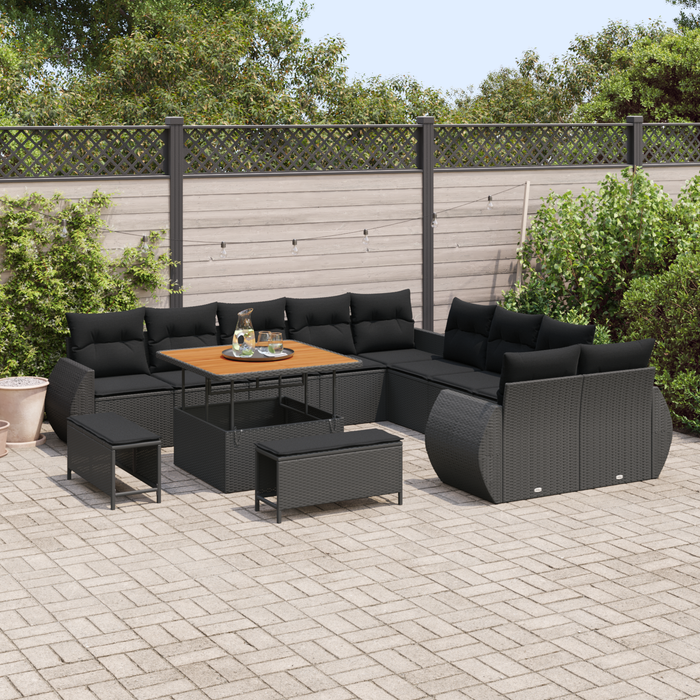 Set Divani Giardino 13 Pezzi con Cuscini Rattan Nero Acacia