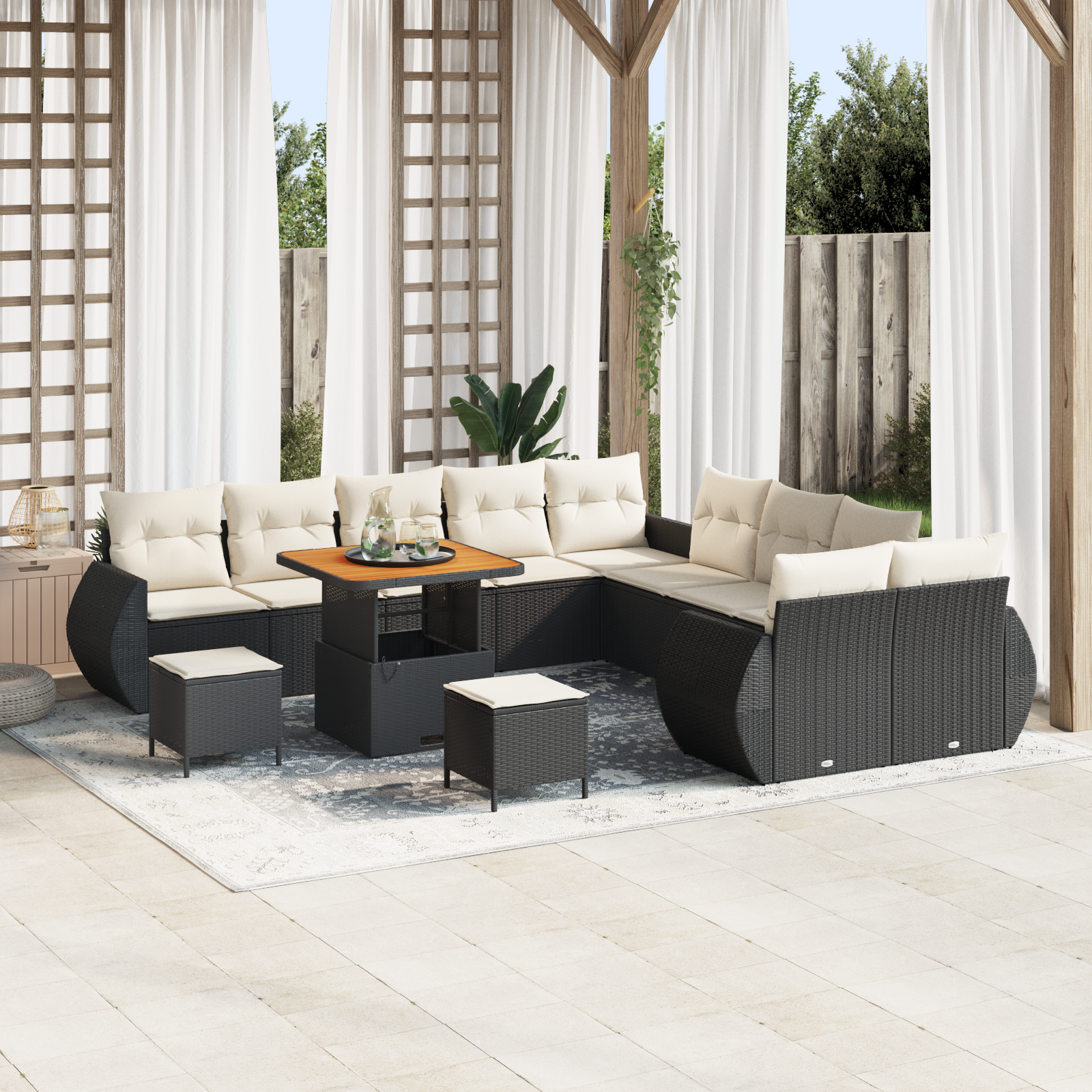 Set da divano da giardino  13 pezzi con cuscini in rattan nero e acacia