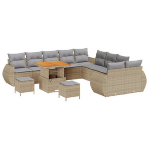 Set Divano da Giardino a 13 Pezzi con Cuscini Beige Rattan Poly Acacia