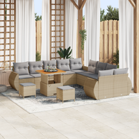 Set Divano da Giardino a 13 Pezzi con Cuscini Beige Rattan Poly Acacia