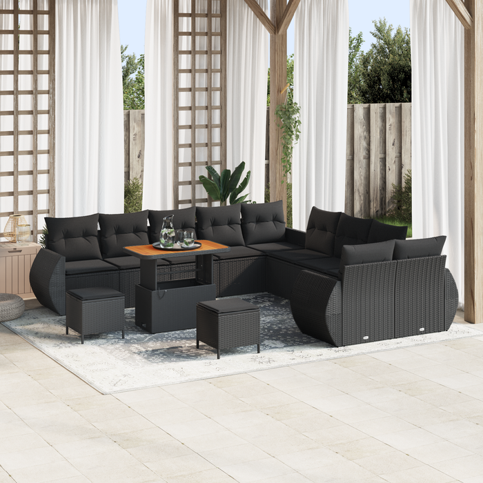 Set di divani da giardino  13 pezzi con cuscini in polyrattan nero e acacia