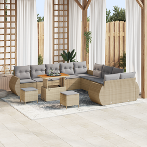 Set Divano da Giardino in 13 Pezzi con Cuscini Beige in Polyrattan Acacia