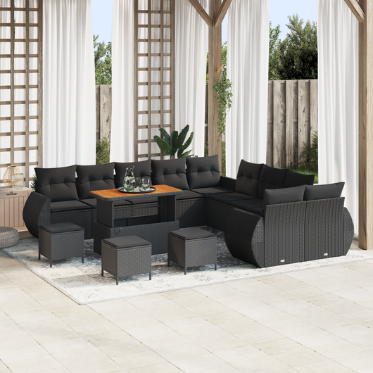 Set di divani da giardino  14 pezzi con cuscini in rattan polio nero e acacia