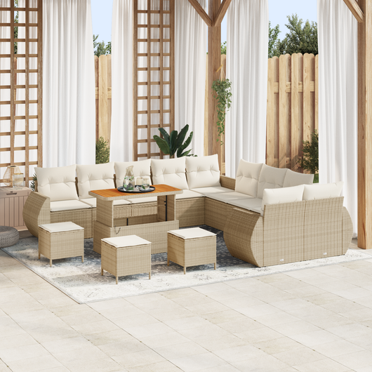 Set di divano da giardino da 14 pezzi con cuscini Beige Polyrattan Acacia