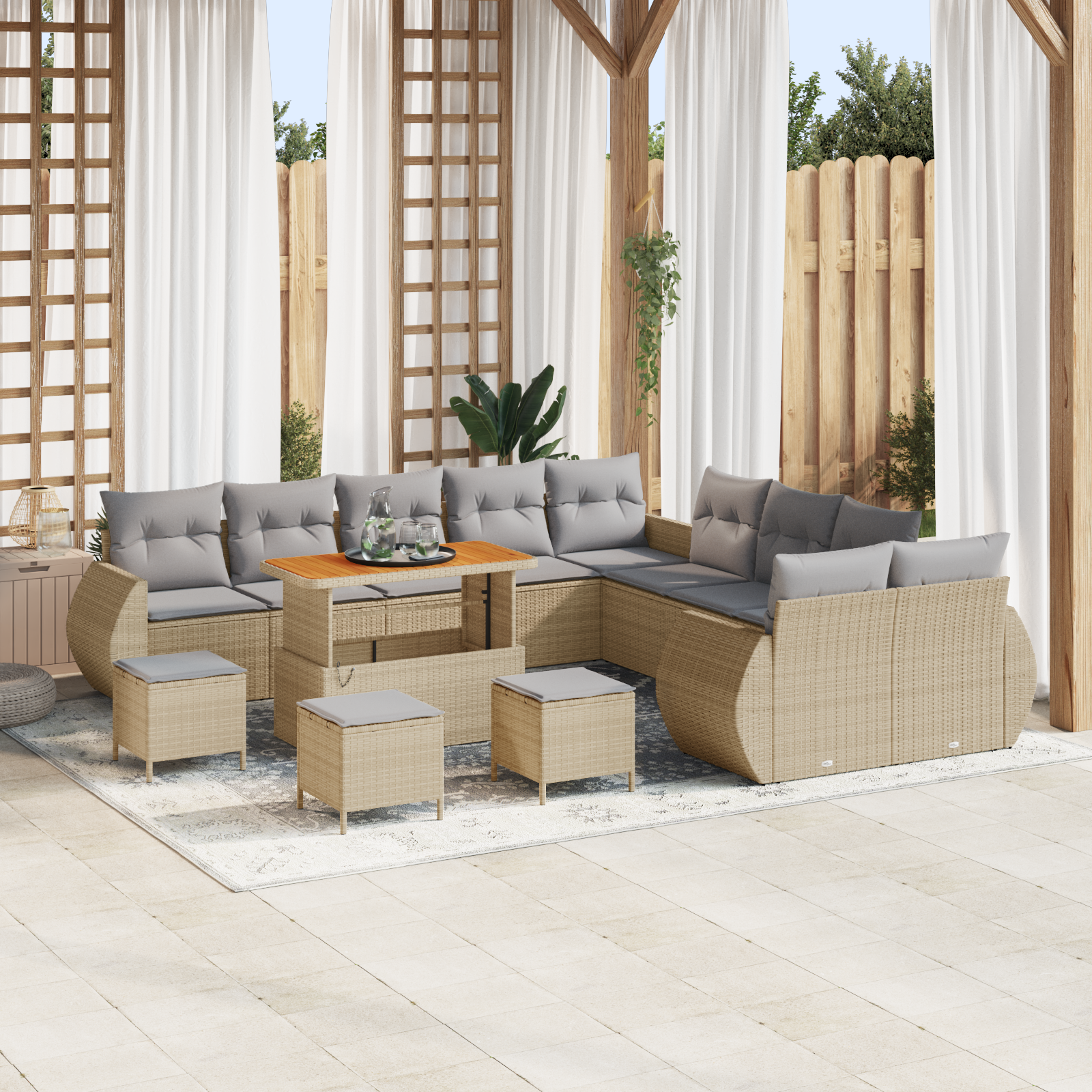 Set di Divano da Giardino a 14 Pezzi con Cuscini Beige Polyrattan Acacia