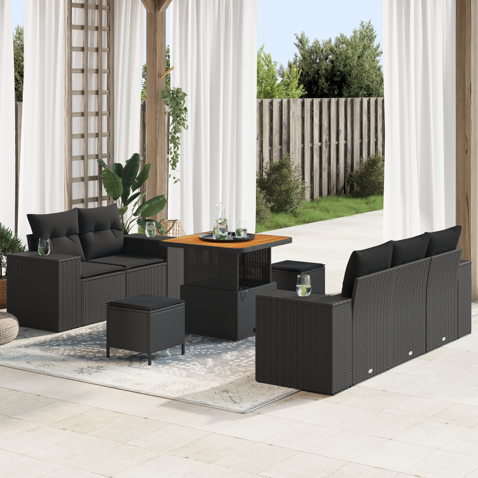 Set divano da giardino  8 pezzi con cuscini nero polyrattan acacia
