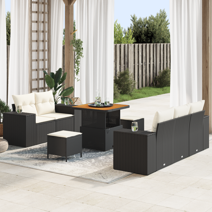 Set Divano da Giardino 8 Pezzi con Cuscini Nero Polyrattan Acacia