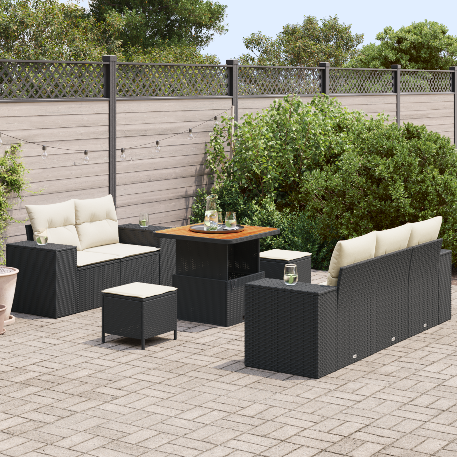 Set Divano da Giardino 8 Pezzi con Cuscini Nero Polyrattan Acacia