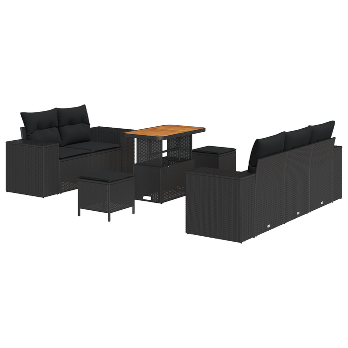 Set Divano da Giardino 8 Pezzi con Cuscini Polyrattan Nero Acacia