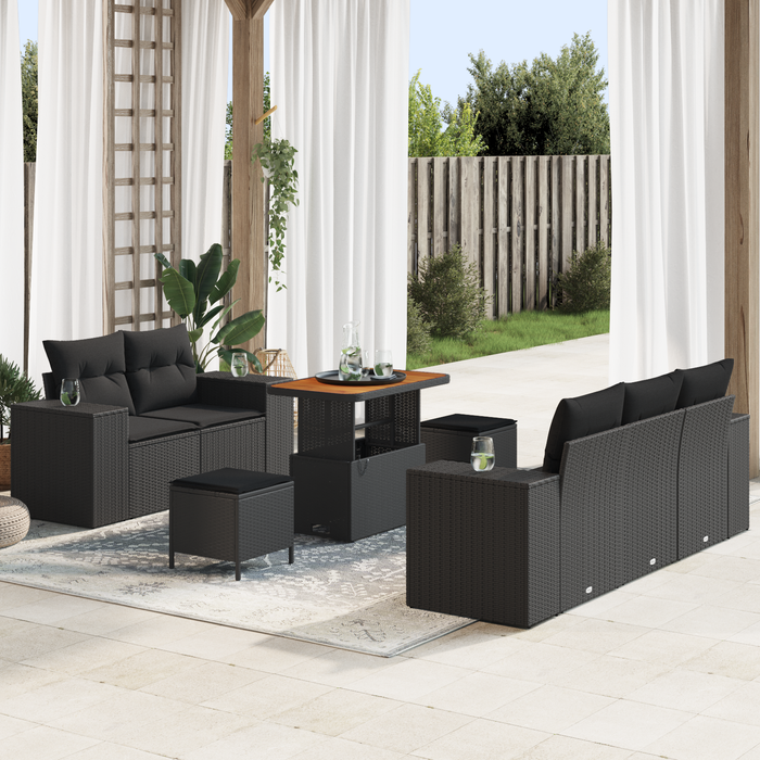 Set Divano da Giardino 8 Pezzi con Cuscini Polyrattan Nero Acacia