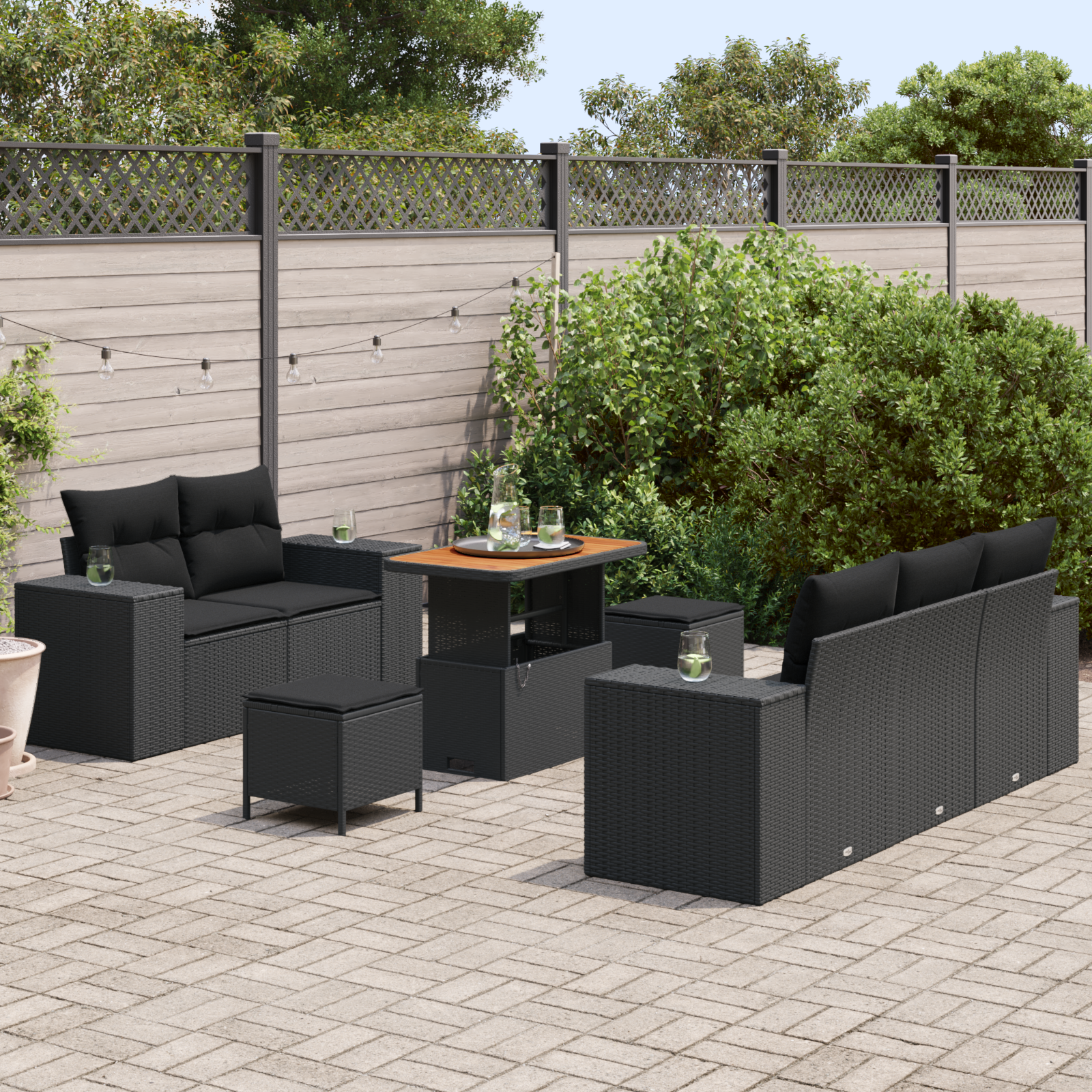Set Divano da Giardino 8 Pezzi con Cuscini Polyrattan Nero Acacia