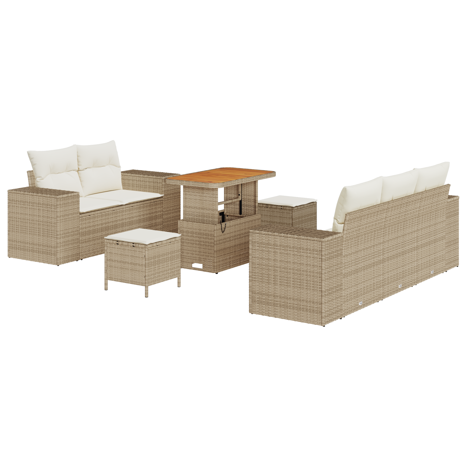 Set divano da giardino 8 pezzi con cuscini in rattan beige, polirattan acacia