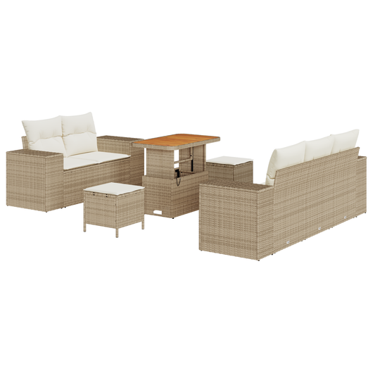 Set divano da giardino 8 pezzi con cuscini in rattan beige, polirattan acacia