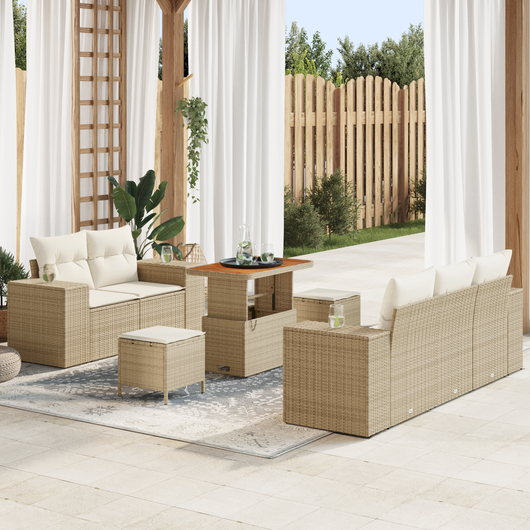 Set divano da giardino 8 pezzi con cuscini in rattan beige, polirattan acacia
