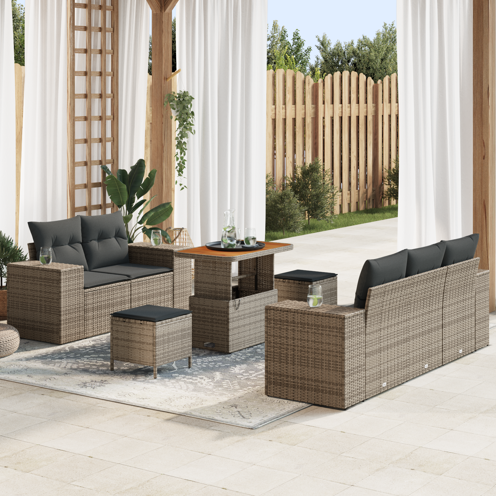 Set di Divani da Giardino 8 Pezzi con Cuscini Grigio Polyrattan Acacia