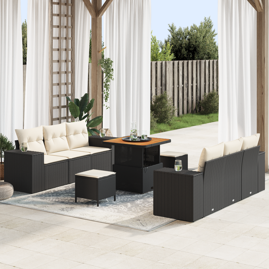 Set di Divani da Giardino 9 Pezzi con Cuscini Nero Polyrattan Acacia