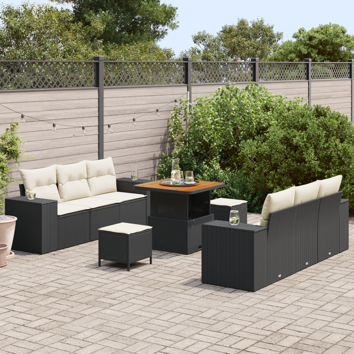 Set di Divani da Giardino 9 Pezzi con Cuscini Nero Polyrattan Acacia