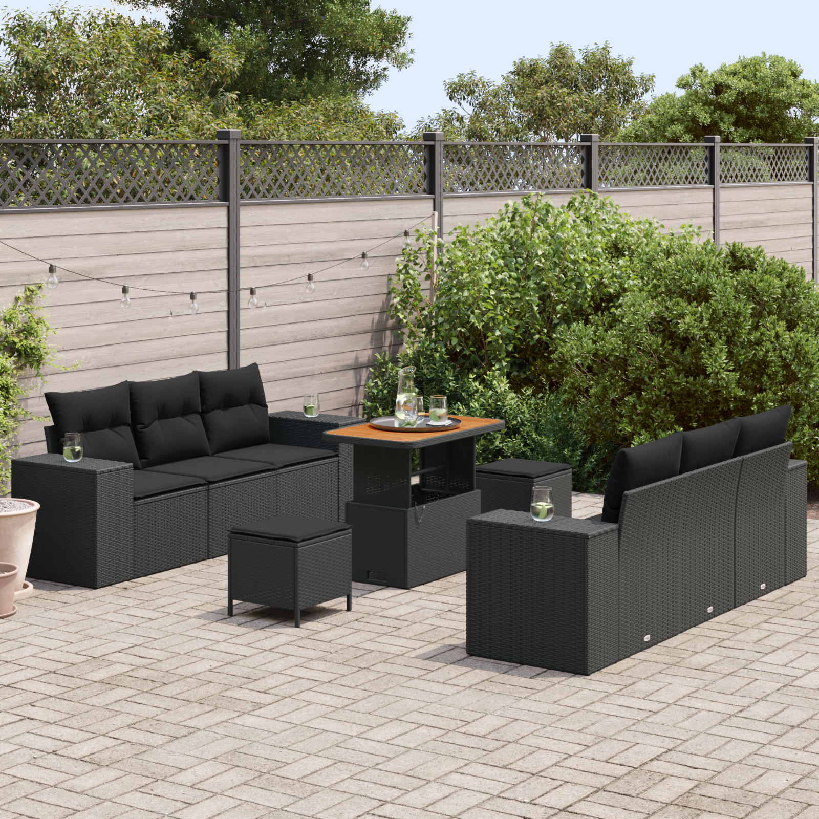 Set divano da giardino 9 pezzi con cuscini polyrattan nero