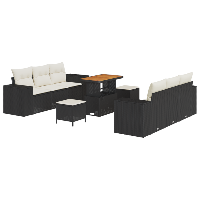 Set Divano da Giardino 9 Pezzi con Cuscini Rattan Nero Acacia