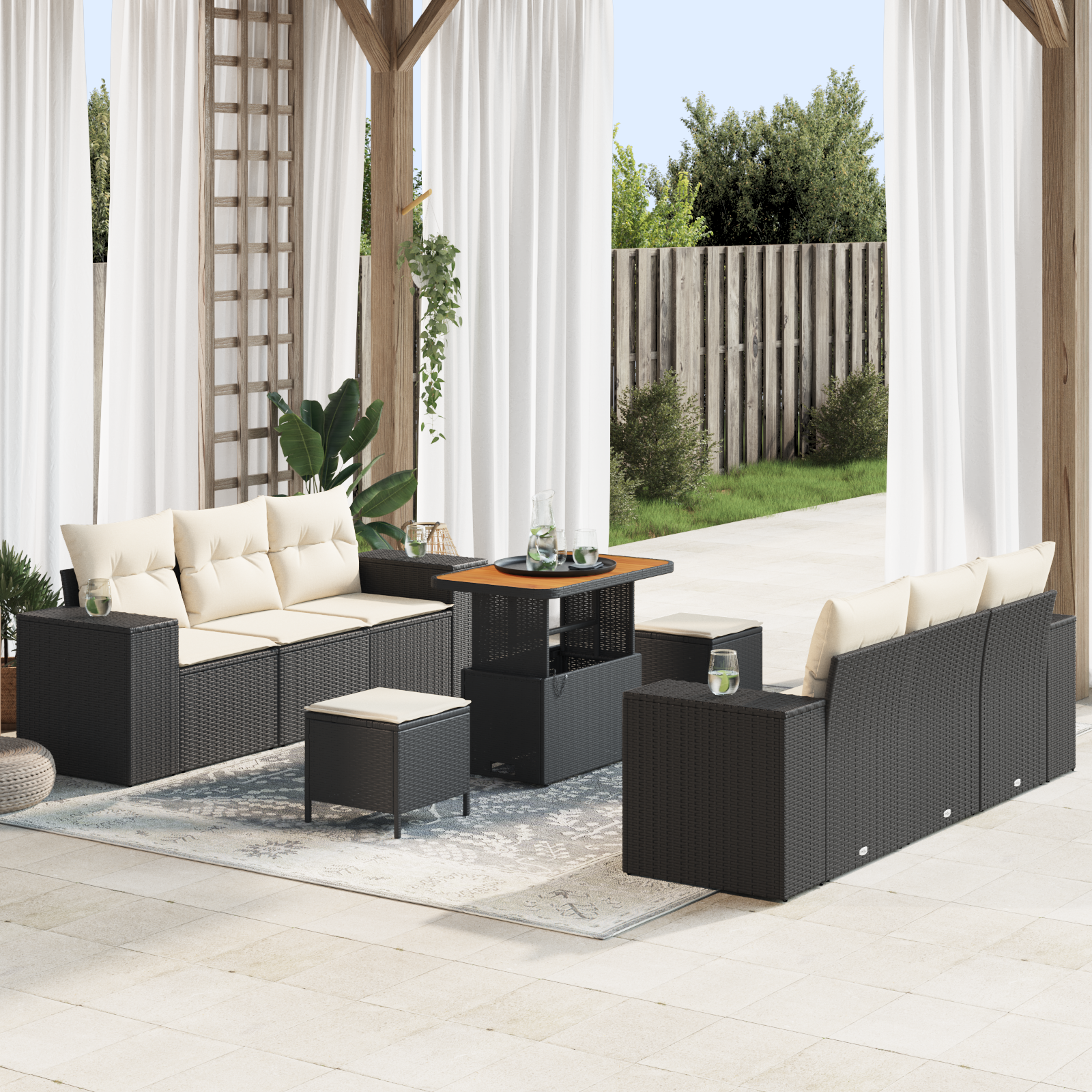 Set Divano da Giardino 9 Pezzi con Cuscini Rattan Nero Acacia