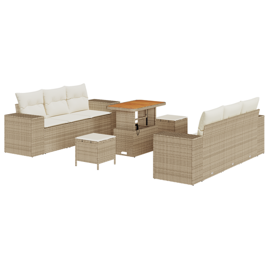 Set Divano da Giardino 9 Pezzi con Cuscini Beige Polyrattan Acacia