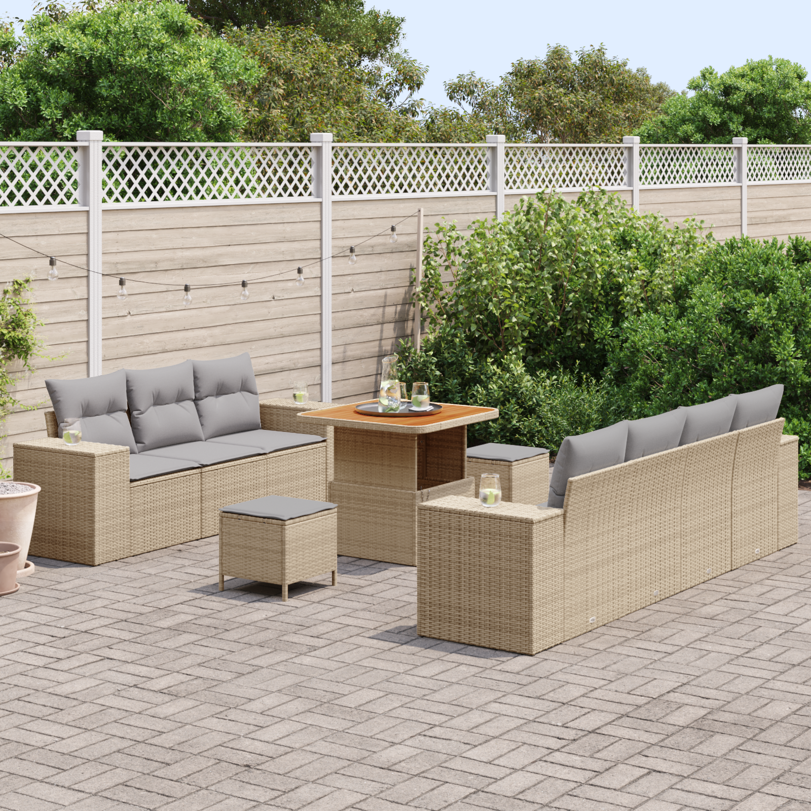 Set di Divani da Giardino  10 Pezzi con Cuscini Beige Polyrattan Acacia