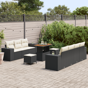 Set divano da giardino con cuscini a 10 pezzi in polyrattan nero e acacia
