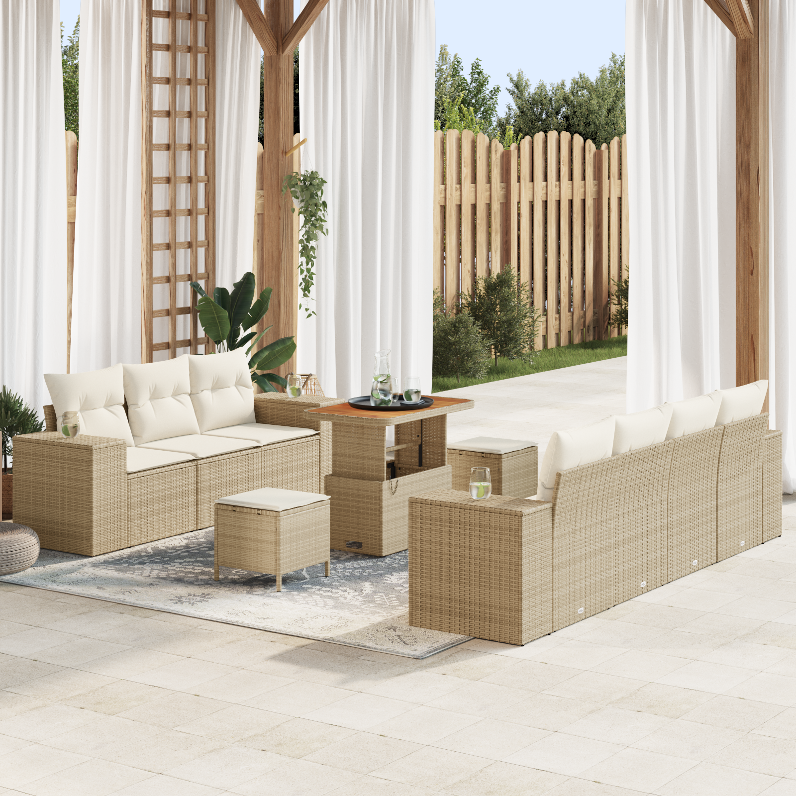 Set Divano da Giardino  10 Pezzi Con Cuscini Beige Polyrattan Acacia