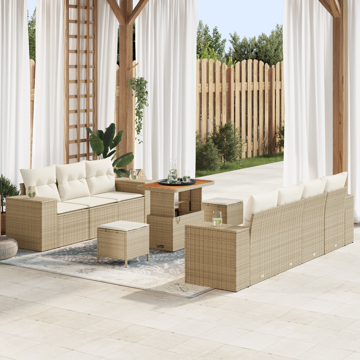 Set Divano da Giardino  10 Pezzi Con Cuscini Beige Polyrattan Acacia