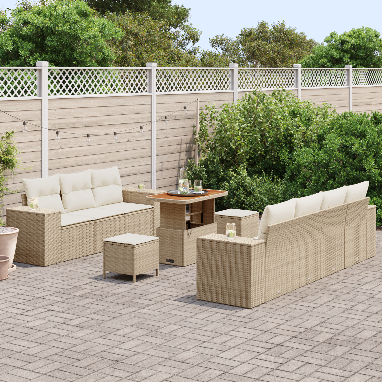Set Divano da Giardino  10 Pezzi Con Cuscini Beige Polyrattan Acacia
